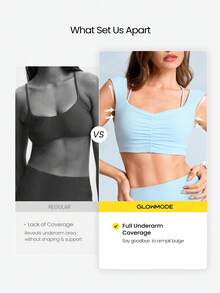 GLOWMODE FeatherFit™ Flex And Flow 二合一超柔软弹力宽肩带全腋下包覆聚拢运动文胸，适合低强度瑜伽、普拉提、健身房、日常休闲穿着，可拆卸胸垫 - 藍色 - 查看 3