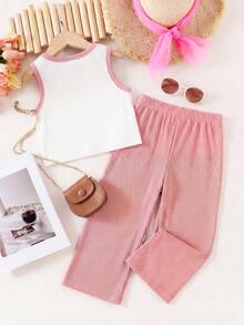 Girls Bowknot Camisole & Pants Set, Ribbed Sleeveless 2 Pieces Outfit, Summer - Pink - View 2