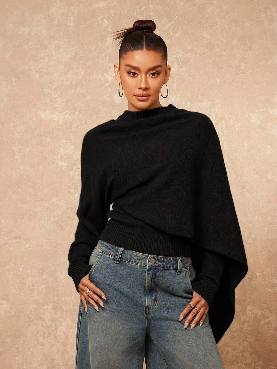 Lumalex Women Turtleneck Fitted Long Sleeve Sweater With Cape Shawl - Black - View 1