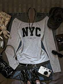 Teen Girls Off-Shoulder Floral Gray English Print Long Sleeve Fitted Top, Casual & Collegiate - Grey - View 1