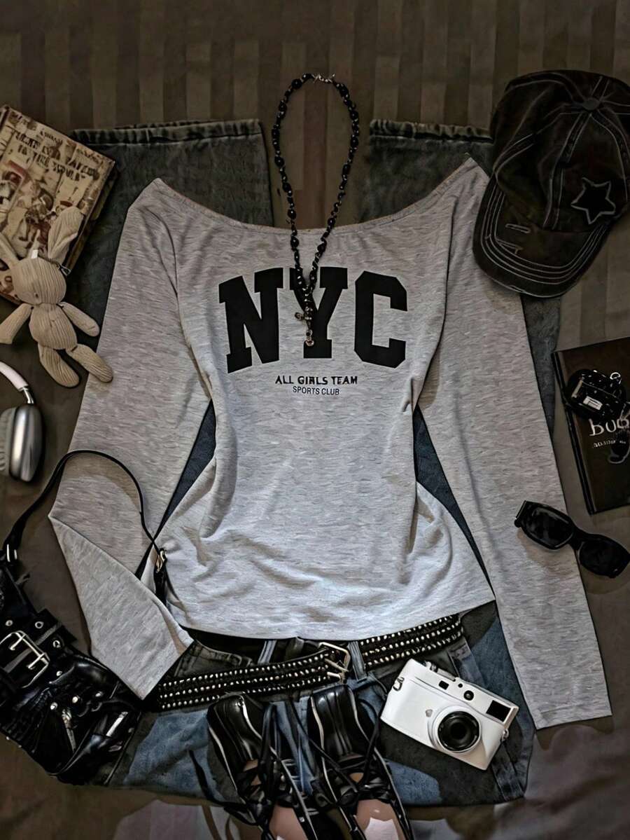 Teen Girls Off-Shoulder Floral Gray English Print Long Sleeve Fitted Top, Casual & Collegiate - Grey - View 1