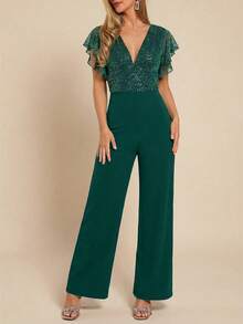 Amorya 女士优雅V领网纱银箔荷叶袖黑色连体裤，修身阔腿款式，适合春夏婚礼和派对穿着 - 墨綠色 - 查看 5