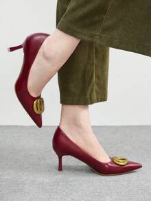 CUCCOO BIZCHIC Giày cao gót màu đỏ tía mới, kiểu dáng thanh lịch, mũi nhọn, khóa kim loại, chất liệu da lộn, thoải mái dành cho nữ, thích hợp cho dịp Giáng sinh. - Màu Hoa hồng đỏ - Xem 3