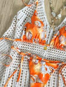 Elavelle Women's Random Print Halter Metal Decor Bikini Set, Spring/Summer - Multicolor - View 5