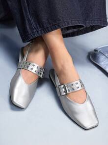 CUCCOO GRLICON Square Toe Slip-On Flats For Women Valentine's Day - Silver - View 2