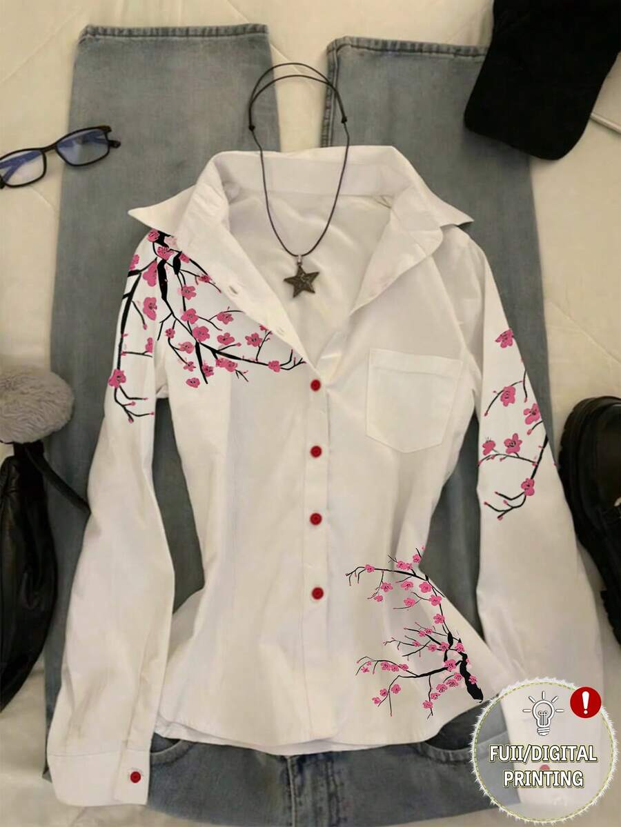 Glimmora 女士印花口袋前开襟纽扣休闲长袖衬衫 - 彩色 - 查看 1