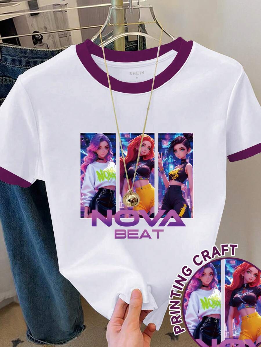 SHEIN 女士撞色卡通人物印花圆领短袖T恤 - 白色 - 查看 1