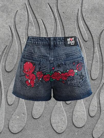 HOT STUFF X SHEIN 女士休闲时尚街头印花低腰牛仔短裤，适合夏季日常通勤