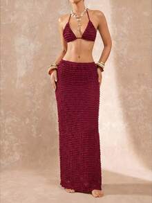 Lumalex Burgundy,Summer,Boho,Beach Vacation,Holiday Wine Red Knitted Skirt,Layered Texture Crinkled Ruffle Back Slit Detail Body-Skimming Fit Cover Up Skit - Multicolor - View 4