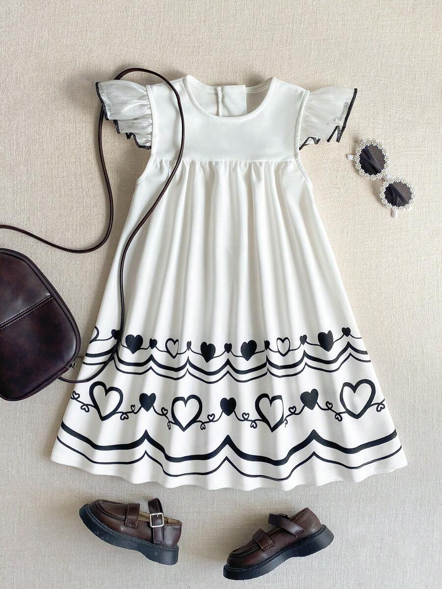 SHEIN Đầm tay ngắn in hình trái tim phong cách thường ngày mùa hè cho bé gái. - trắng - Xem 1