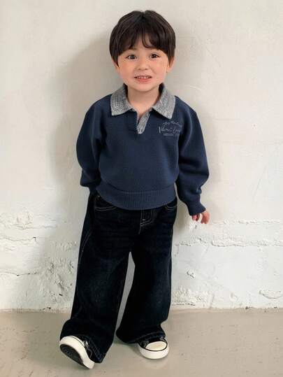 DAZY Långärmad tröja med krage och färgblock för småbarn, höst/vinter