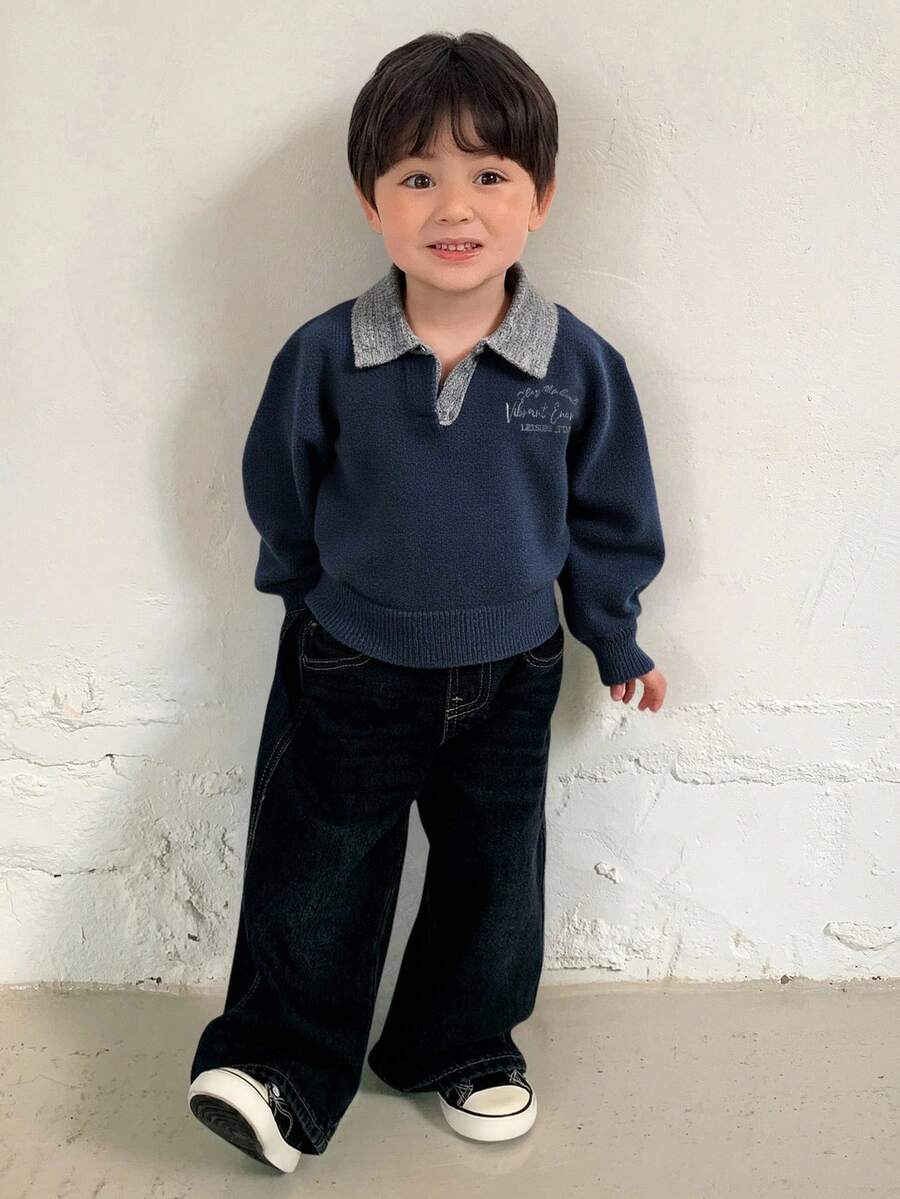 DAZY 男童翻领撞色长袖毛衣，秋冬季 - 藍色 - 查看 1
