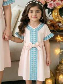 SHEIN Young Girls' Vintage Style Patchwork Retro Print A-Line Dress With Belt, Summer Fashion - Multicolor - View 1
