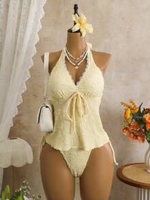 Bellisia Women's Textured 2 Pieces Bikini Set, Casual Holiday Style - Yellow - View 1