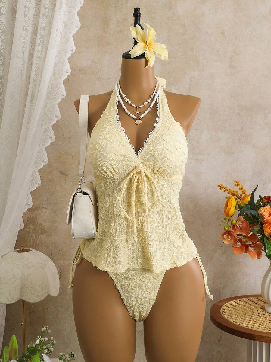Bellisia Women's Textured 2 Pieces Bikini Set, Casual Holiday Style - Yellow - View 1