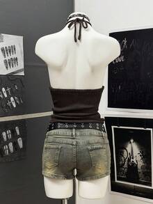 StreetHx Streetwear Women's Solid Black Sleeveless Tie-Up Knit Top - Black - View 2