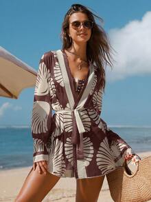Swim Chiccia Boho Seashell Print Chiffon Kimono Cover Up, Beach Vacation Bohemian Ocean Style - Burgundy - View 1
