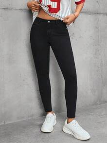 SHEIN Tall Tall Women's Fashion Casual Mid/Low Waist Skinny Slim Fit Jeans - Black - View 1