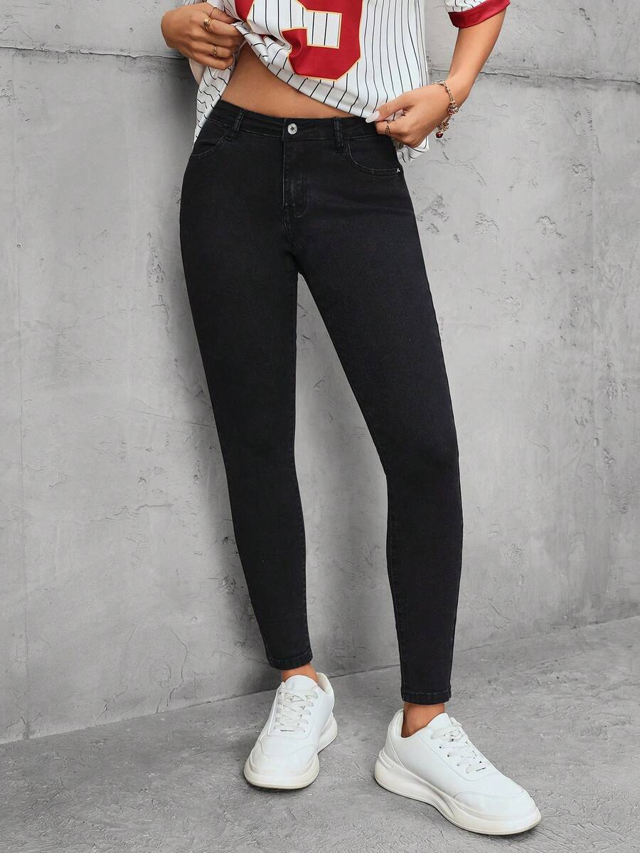 SHEIN Tall Tall Women's Fashion Casual Mid/Low Waist Skinny Slim Fit Jeans - Black - View 1