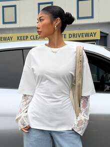 Muchica Women's White Knit Waist Design Contrast Lace 2 In 1 T-Shirt For Going Out Outfits, Streetwear, Y2K Clothes, White Top With Lace Sleeves - White - View 6
