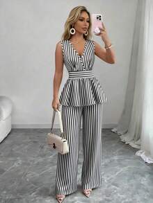Rafferiza 女士夏季灰白条纹性感交叉腰荷叶边下摆上衣+休闲宽松阔腿裤两件套，优雅女士夏季、毕业典礼、正式场合、休闲场合、工作、约会、度假的理想之选 - 彩色 - 查看 1