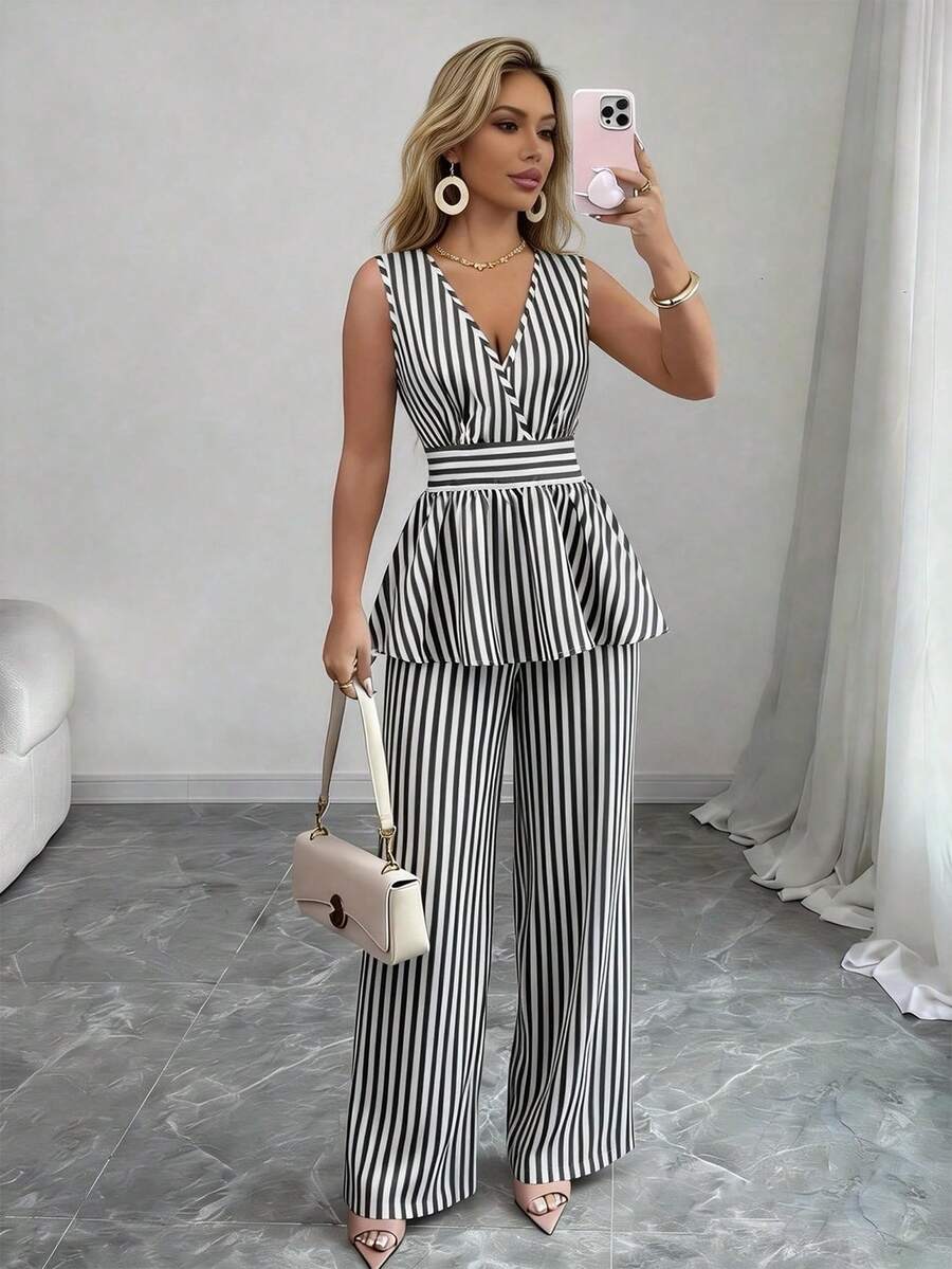 Rafferiza 女士夏季灰白条纹性感交叉腰荷叶边下摆上衣+休闲宽松阔腿裤两件套，优雅女士夏季、毕业典礼、正式场合、休闲场合、工作、约会、度假的理想之选 - 彩色 - 查看 1