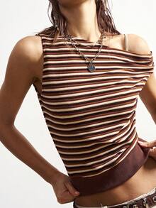 Bohemela Casual Knit Striped Asymmetric-Shoulder Fitted Women T-Shirt - Brown - View 4