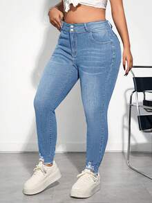 Firerie Plus Size Blue Distressed Skinny Stretch Denim Capri Pants - Light Wash - View 4