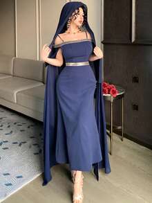 DAZY Đầm nữ thanh lịch phối màu tương phản đính sequin, tay dài, trễ vai, xẻ tà, thích hợp cho dự tiệc cưới mùa xuân/hè. - Màu xanh hải quân - Xem 8