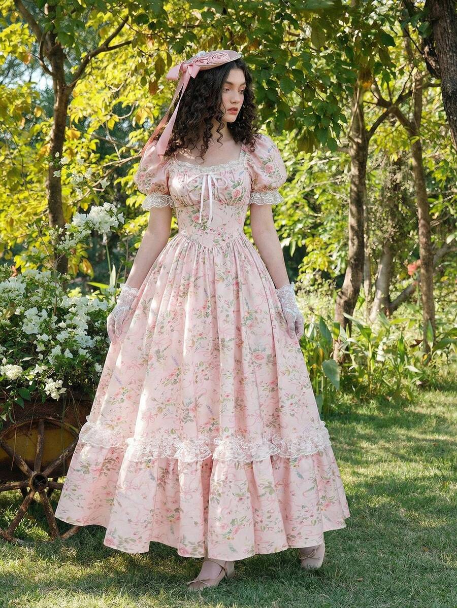 SHEIN MOD Váy tay bồng ren hoa màu hồng dành cho nữ - Hồng - Xem 1