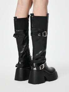 ROMWE Grunge Punk 女士朋克风厚底圆头过膝长靴，2025秋冬新款时尚皮革搭扣修身骑马靴 - 黑色 - 查看 5