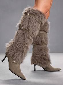 CUCCOO SZL 女士尖头人造毛皮拼接过膝高跟靴 - 淺粉色 - 查看 5