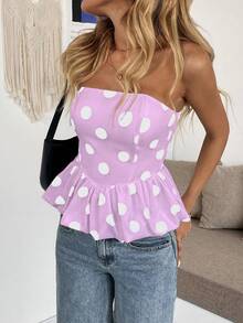 Almamuse Women's Polka Dot Print Ruffle Hem Bandeau Top Pokadot Top - Purple - View 3