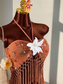 Amplova Women's Retro Halter Neck Top, Sexy & Avant-Garde With Beaded Embroidery, Suitable For Vacation, Cute Tassel Hem - Orange - View 6