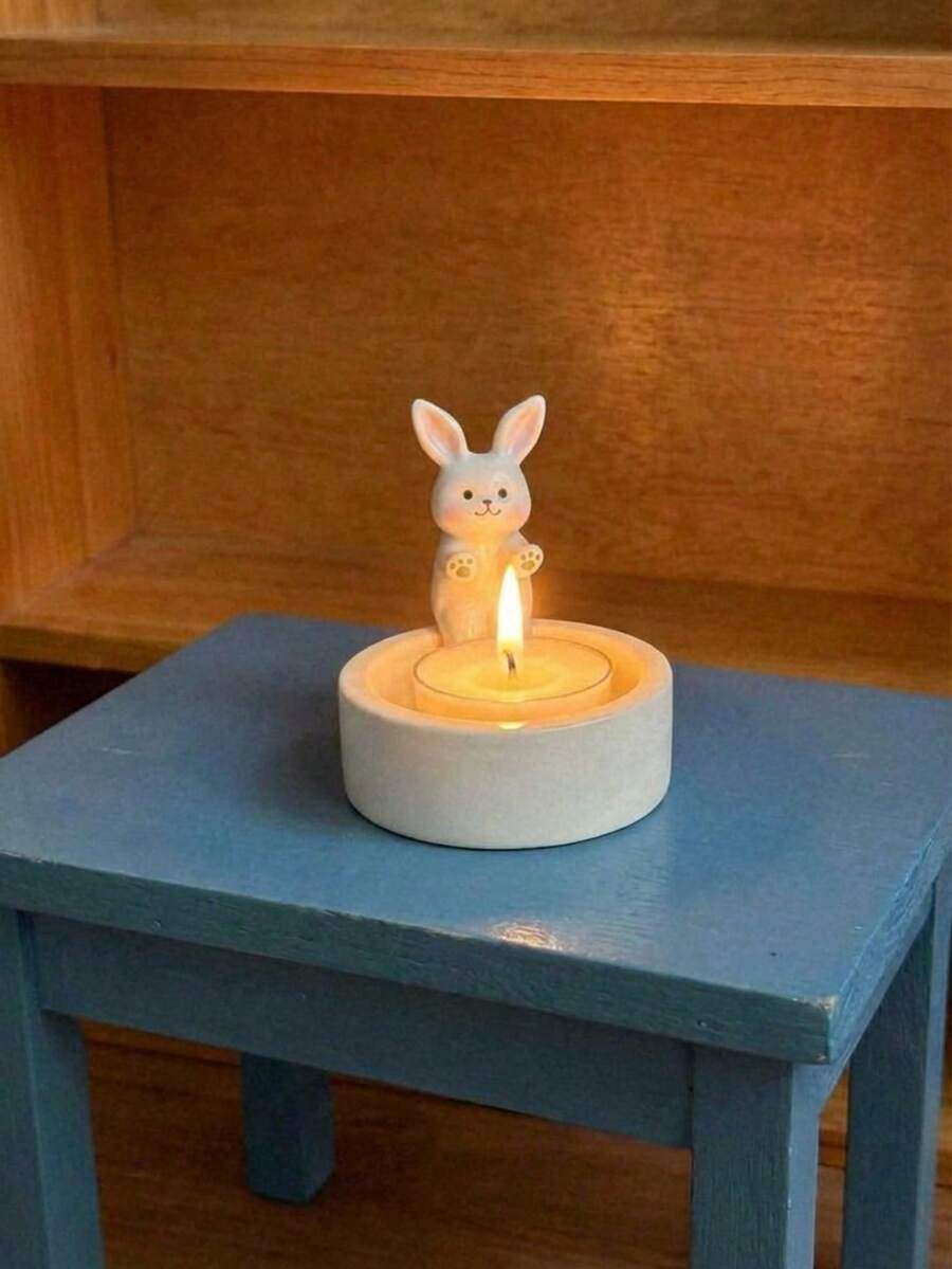 Joivida Rabbit Warming Candle Holder Resin Art Craft Home Garden Decor Handmade Sculpture Cozy Fireplace Scene Weather Resistant Frosted Finish - White - View 1