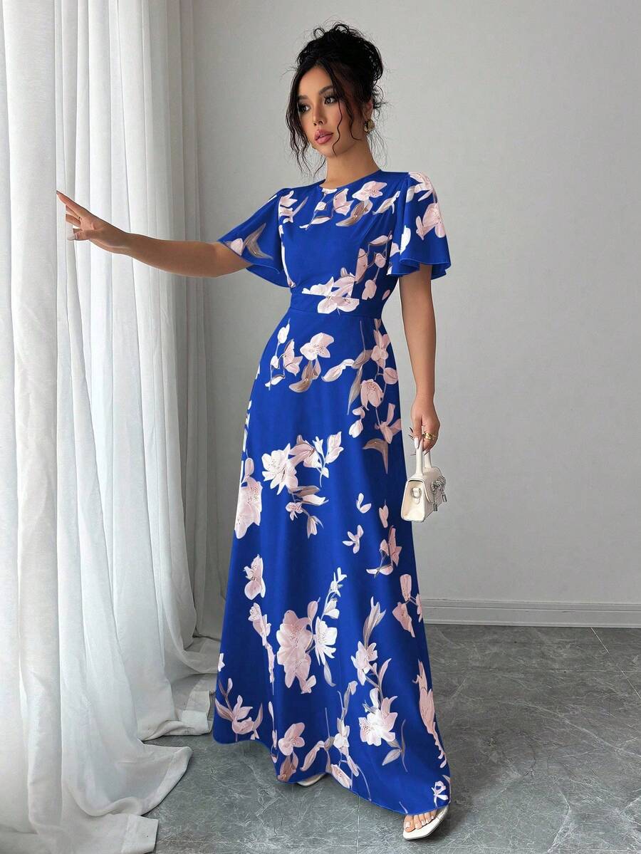 Elenzga Ruffle Sleeve Round Neck Waist Cinched Digital Print Elegant Romantic Women Dress - Royal Blue - View 1