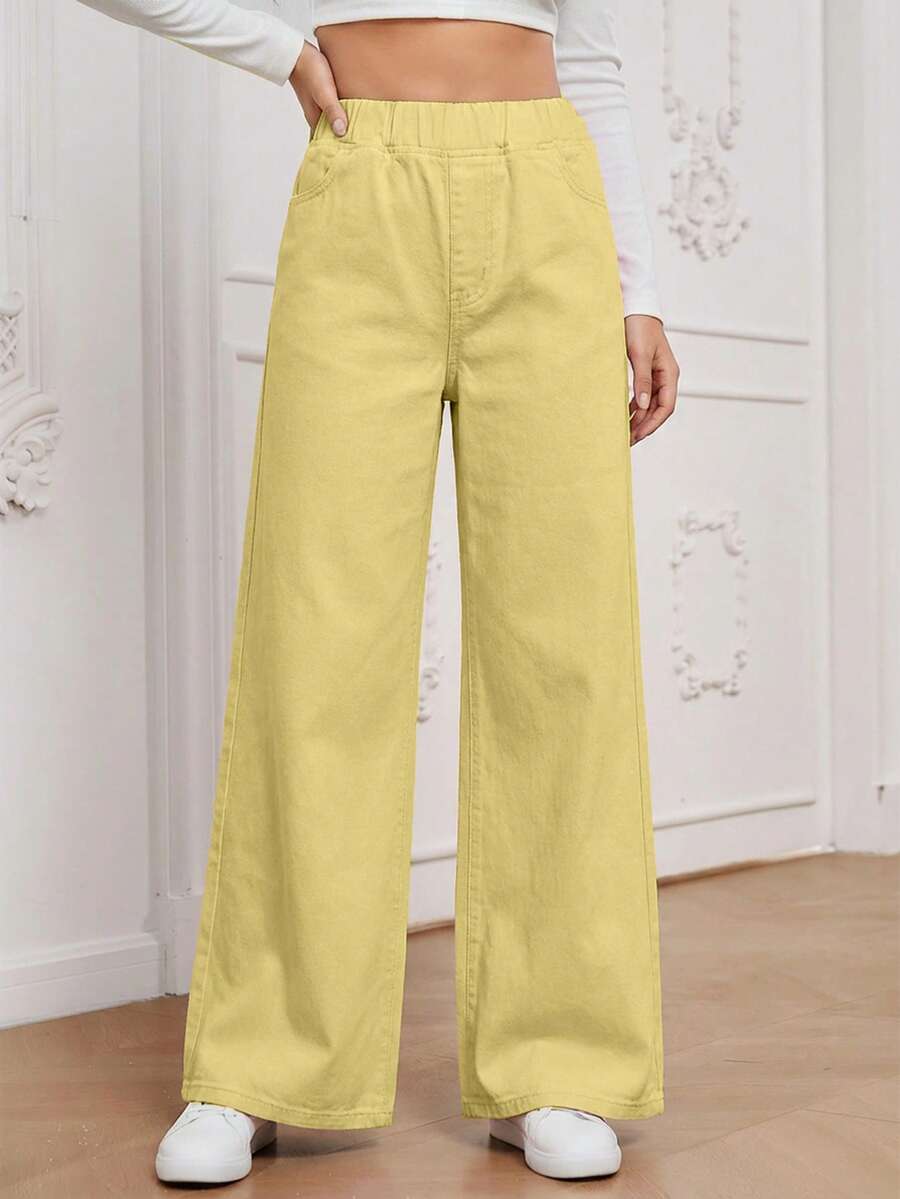 SHEIN LUNE Solid Color Elastic Waist Straight Loose Casual Versatile Jeans - Yellow - View 1