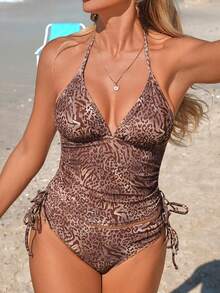 Swim Vcay Random Leopard Print Deep V-Neck Sexy Backless Halter Swimsuit With Tie Side Cheeky Bottoms, Suitable For Beach, Vacation, Casual, Festival, Boho Style, Spring/Summer - Multicolor - View 4