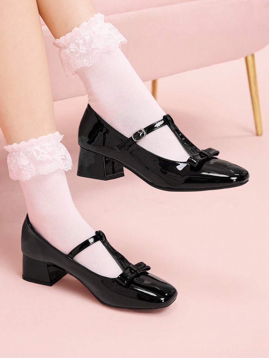 CUCCOO DOLLMOD Giày nữ kiểu cổ điển T-Word với họa tiết Mary Jane, giày cao gót thanh lịch có nơ, mũi vuông, chất liệu da bóng kiểu Pháp. - màu đen - Xem 1
