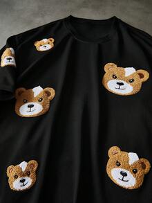 PAVTROS 男士街头风流行熊元素可爱小熊3D立体刺绣T恤，适合户外音乐节、日常出行、朋友聚会、送给男友/老公的礼物、周年纪念礼物，黑色 - 黑色 - 查看 3