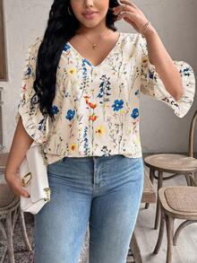 EMERY ROSE 大码休闲印花V领荷叶袖衬衫 - 彩色 - 查看 4