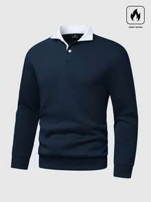 Manfinity Homme 宽松男士撞色领 Polo 衫长袖 Polo 衫橄榄球衫 Polo 衫橄榄球长袖男士秋冬装 - 藏蓝色 - 查看 4