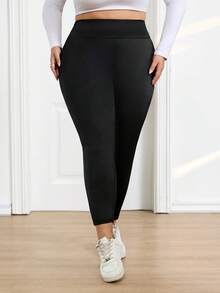 SHEIN CURVE+ Plus Size Women's Sequined High Elasticity Tight Leggings - Black - View 4