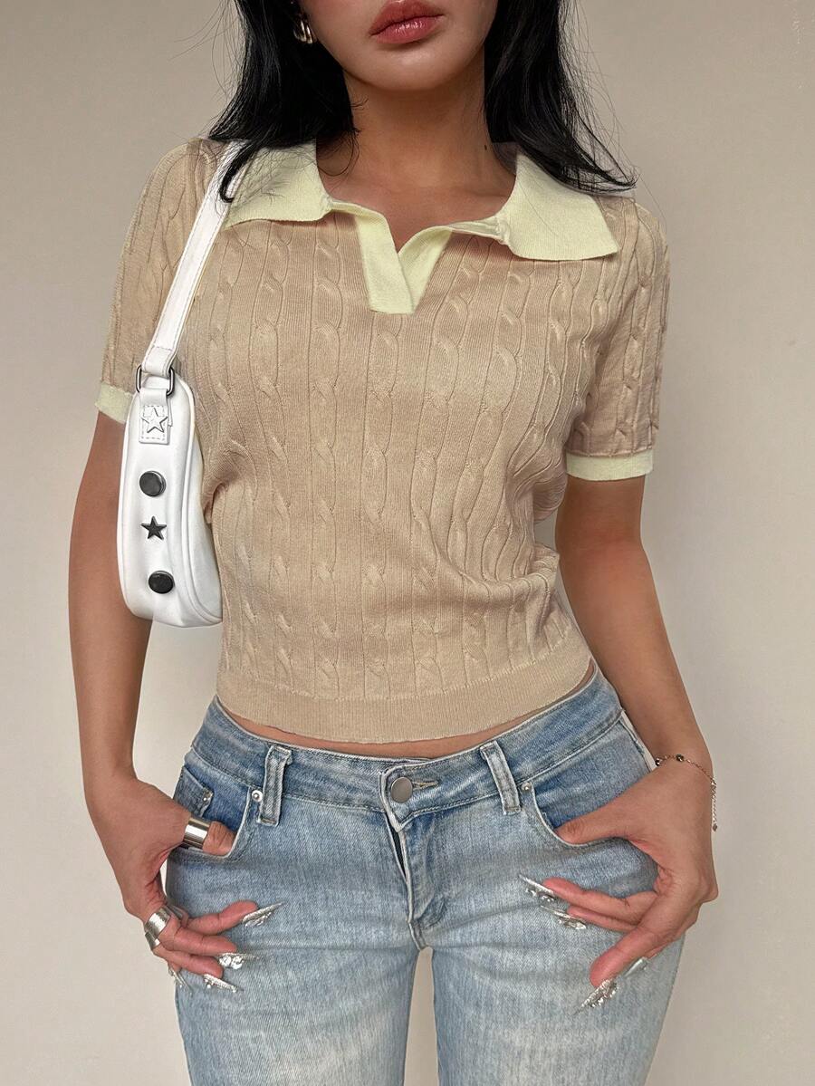 SHEIN Unity 女士扭绳 Polo 领短袖针织上衣 - 彩色 - 查看 1