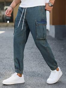 Manfinity Homme 男士休闲宽松抽绳腰时尚牛仔裤 - 藍色 - 查看 5