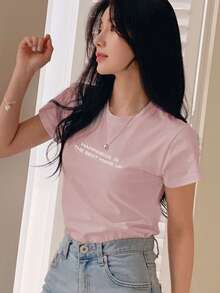DAZY Áo thun nữ cổ tròn tay ngắn in khẩu hiệu thời trang thường ngày - Hồng - Xem 5