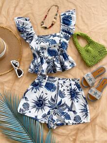 Soleia 两件套女士碎花印花短袖上衣和短裤，休闲度假装 - 彩色 - 查看 3