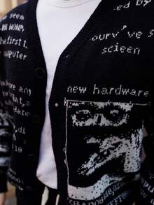 Artur Kramer Unisex Retro Abstract Letter Pattern Knitted Long Sleeve Cardigan, Casual European & Asian Style, Suitable For Spring, Autumn, Winter - Black - View 3