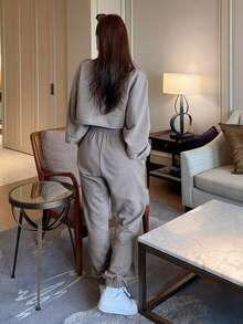 DAZY 女士休闲卫衣阔腿裤套装（两件套），宽松直筒裤，秋冬季 - 灰色 - 查看 3