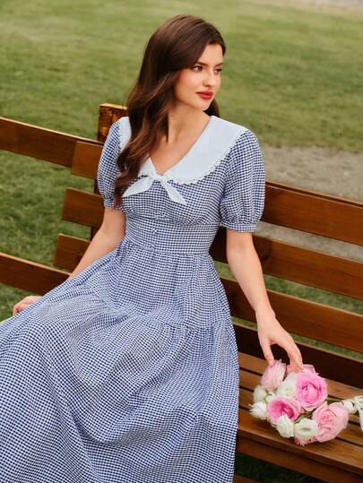 Vintamour Vintage Classic Elegant Floral Midi Dress, Spring/Summer Fitted Dress With Large Lapel, Blue & White Plaid Dress, Lace Patchwork Dress
